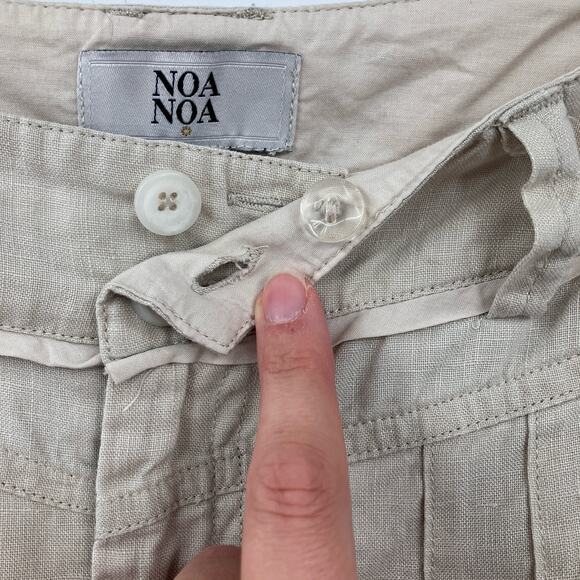 Noa Noa Cream Tan Khaki Lightweight Pleated Front Zip Button Linen Bermuda Short - Picture 5 of 8